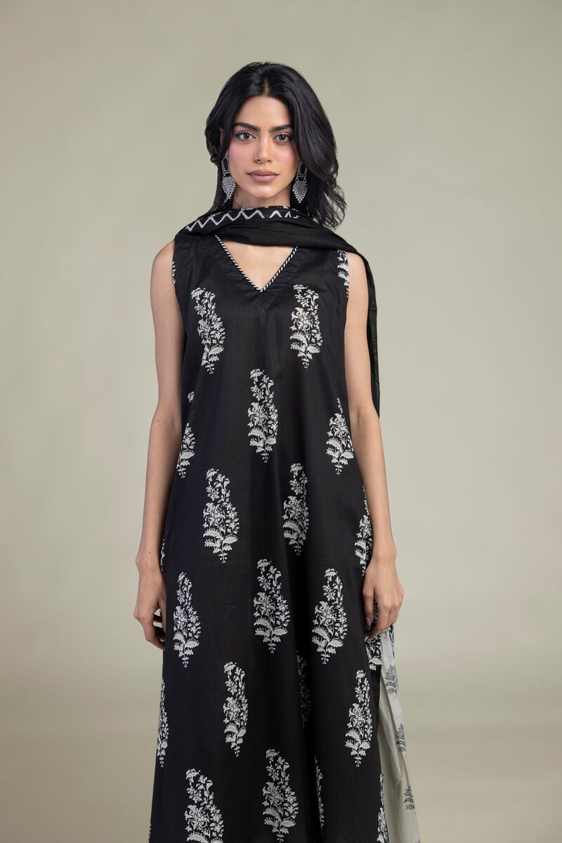 Printed | Cambric Black Sleeveless Kurta pant with Dupatta