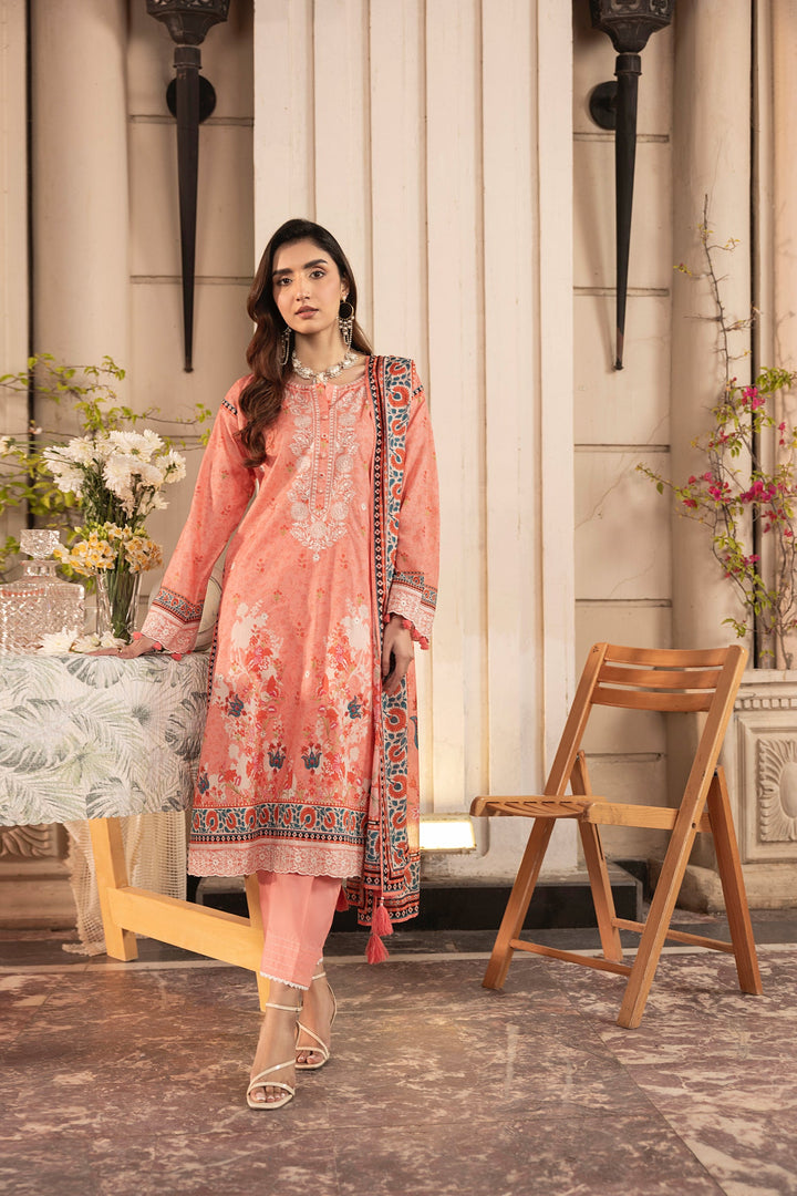 03 Piece Unstitched Embroidered With Printed Lawn Dupatta