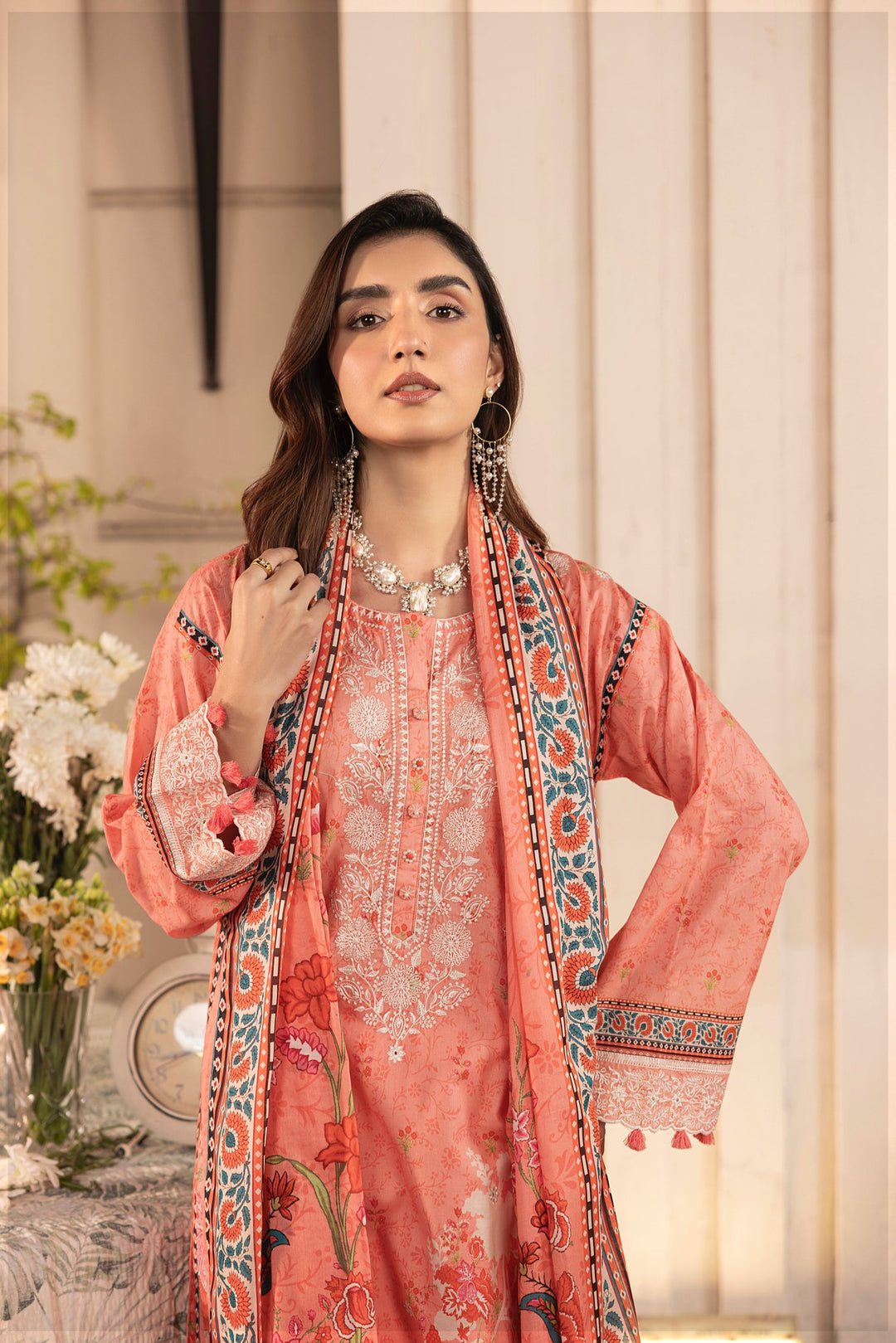 03 Piece Unstitched Embroidered With Printed Lawn Dupatta