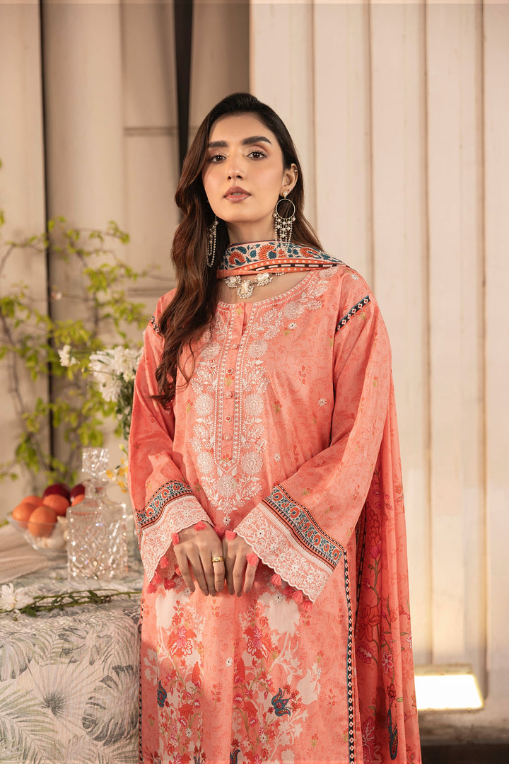 03 Piece Unstitched Embroidered With Printed Lawn Dupatta