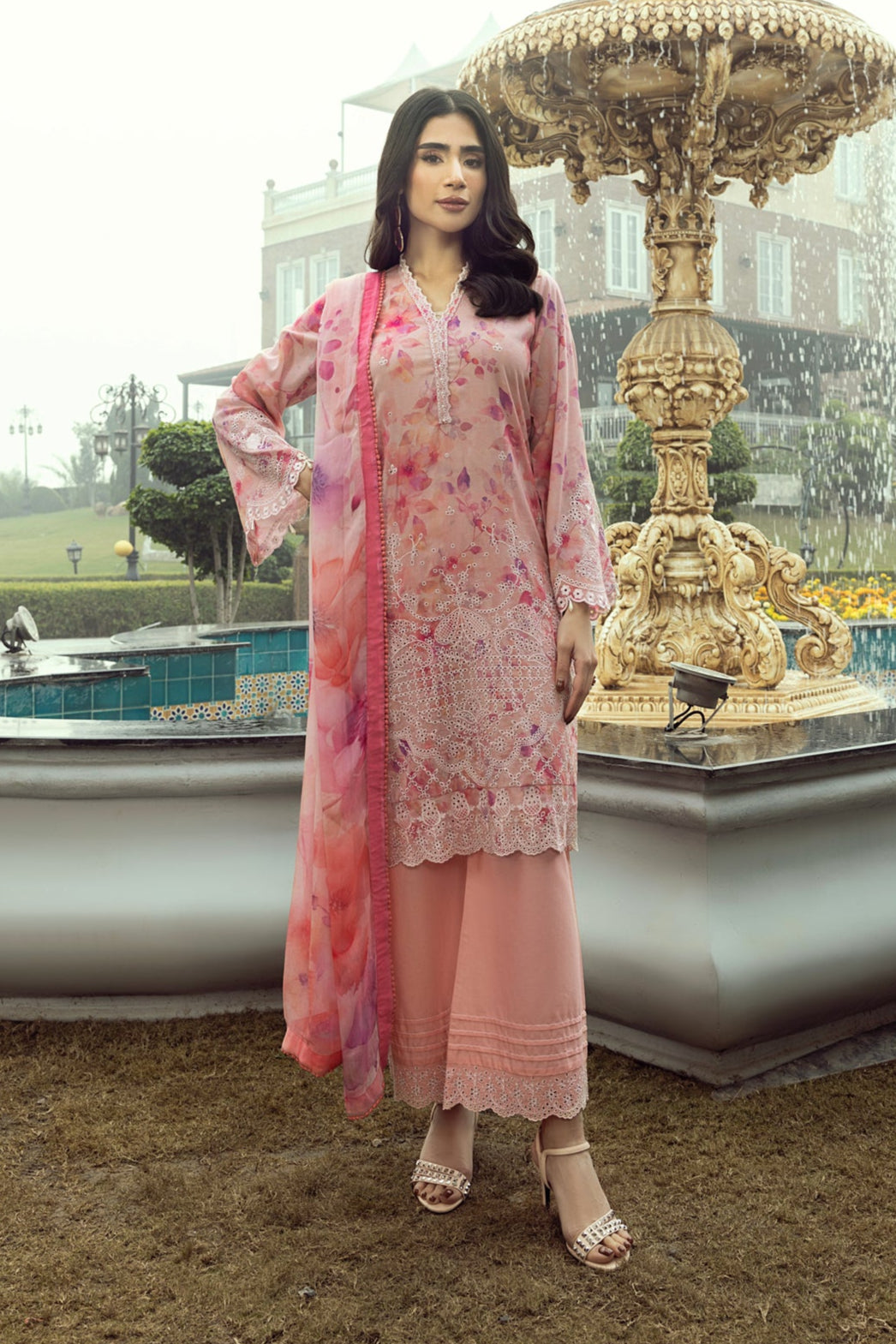 03 Piece Unstitched Printed Embroidered With Printed Chiffon Dupatta