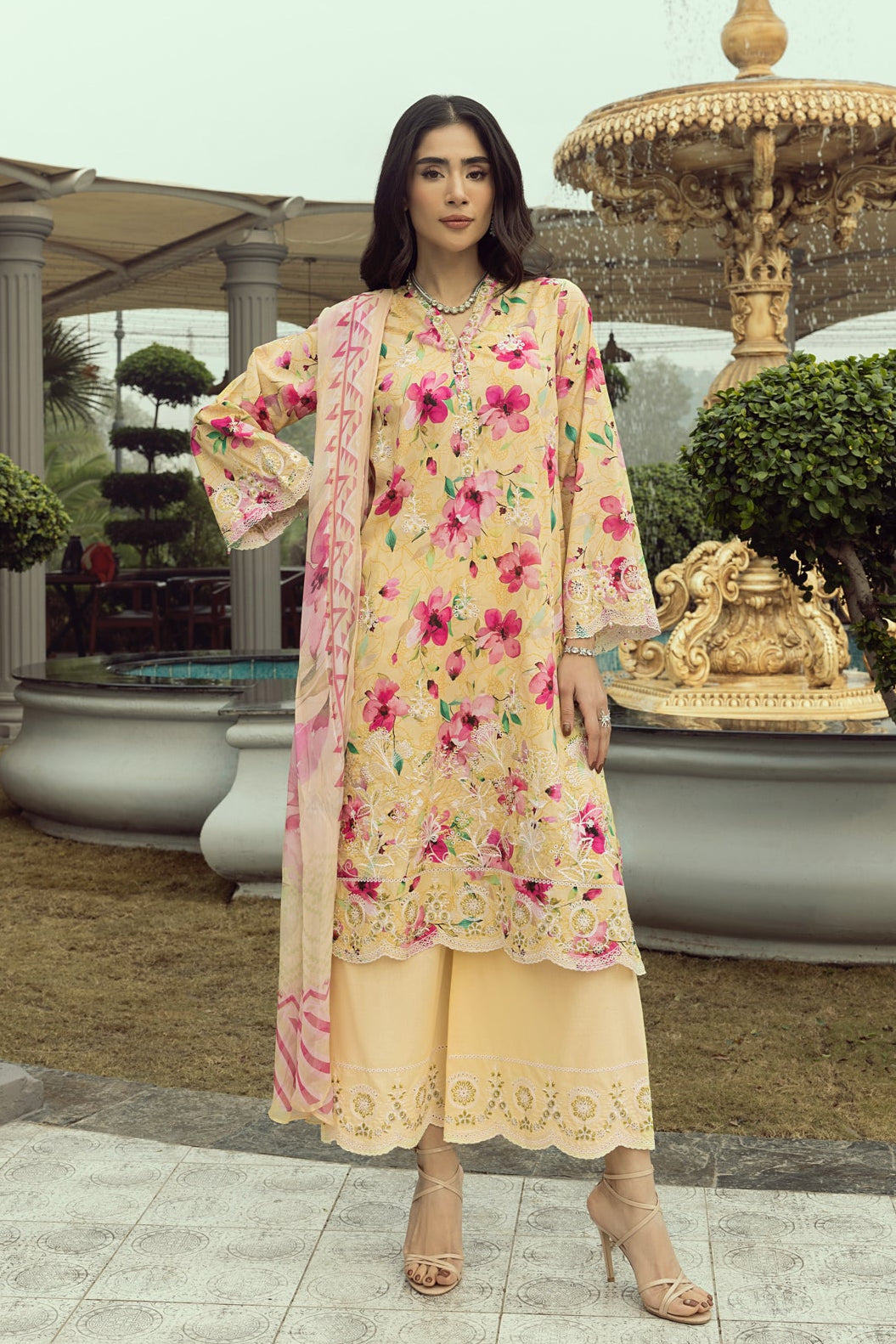 03 Piece Unstitched Printed Embroidered With Printed Chiffon Dupatta