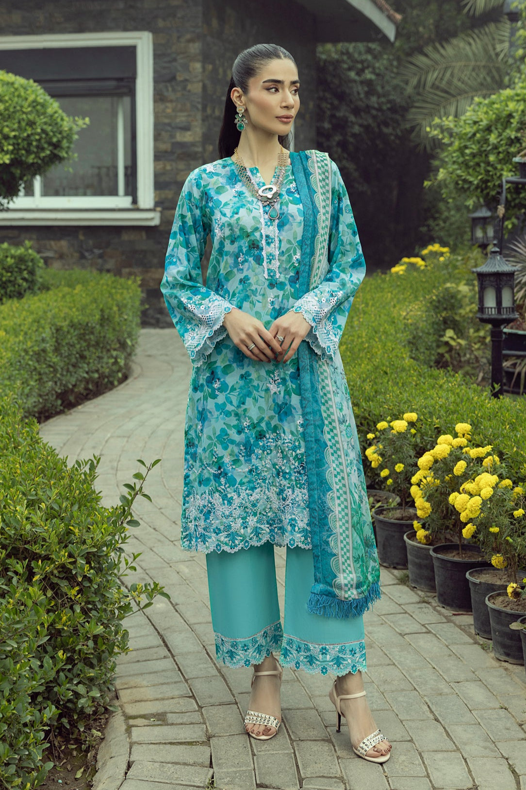 03 Piece Unstitched Printed Embroidered With Printed Chiffon Dupatta