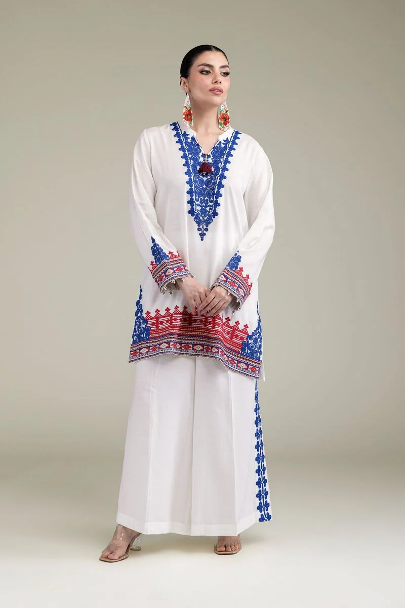 Embroidered | Raw Silk White V-Neck 3pcs