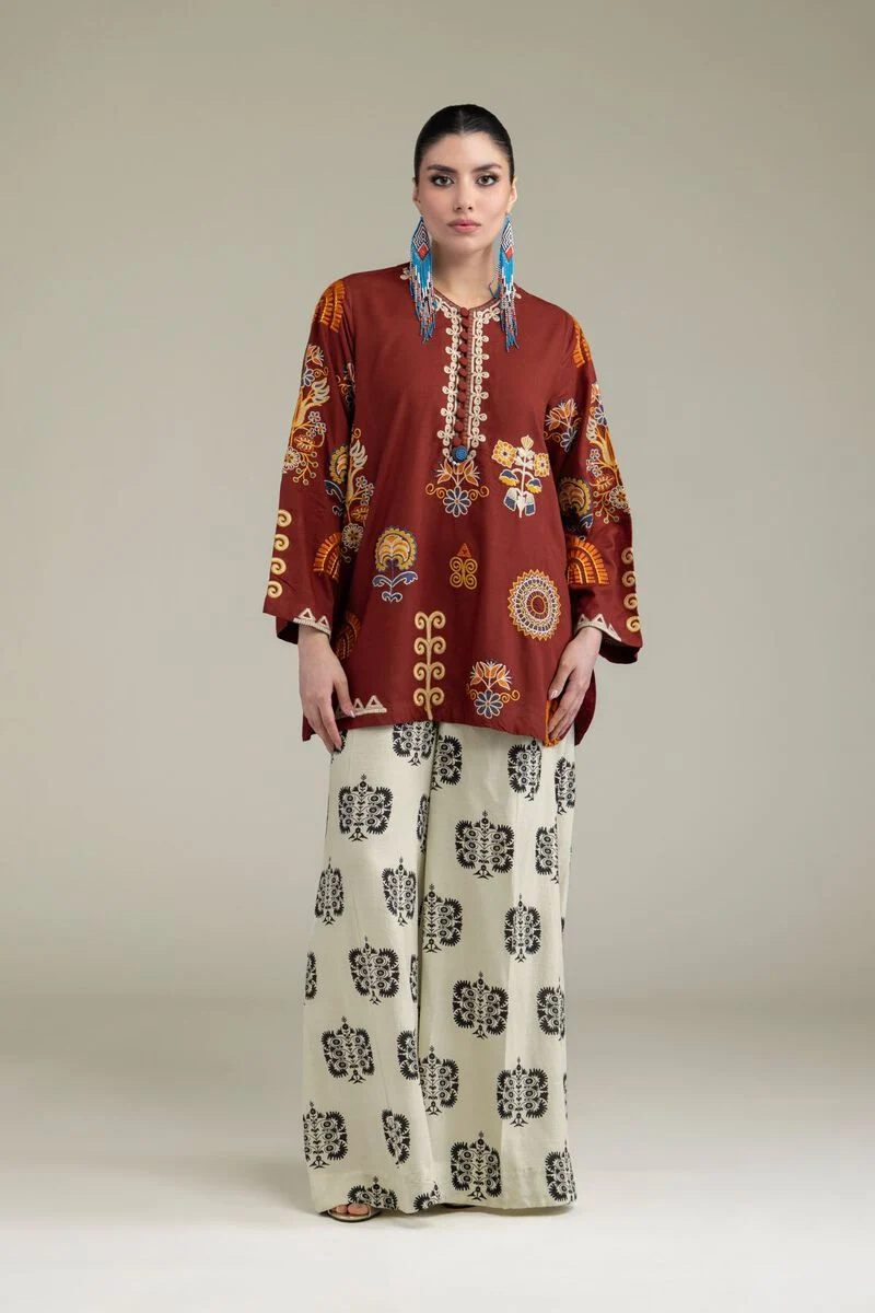 Embroidered | Raw Silk Rust Silk 3 Pc