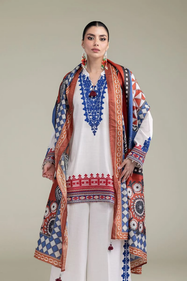 Embroidered | Raw Silk White V-Neck 3pcs