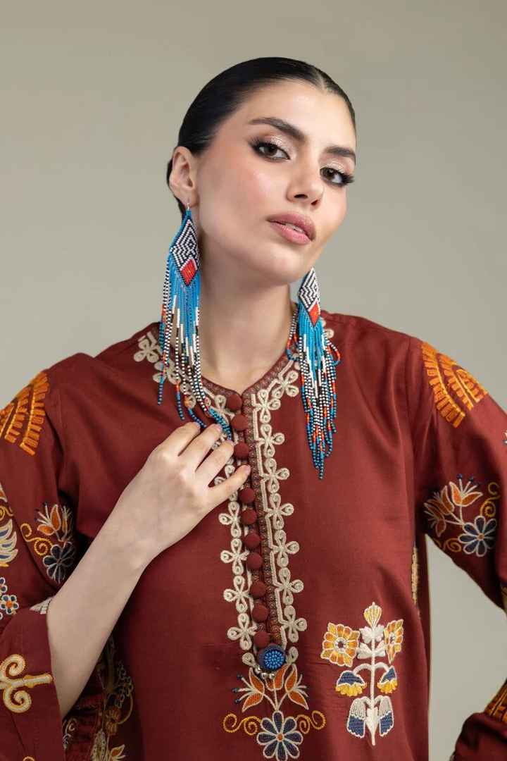 Embroidered | Raw Silk Rust Silk 3 Pc