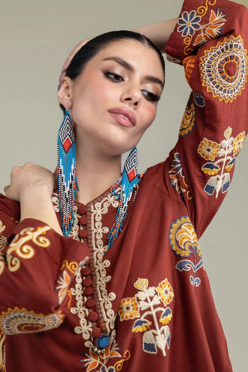 Embroidered | Raw Silk Rust Silk 3 Pc