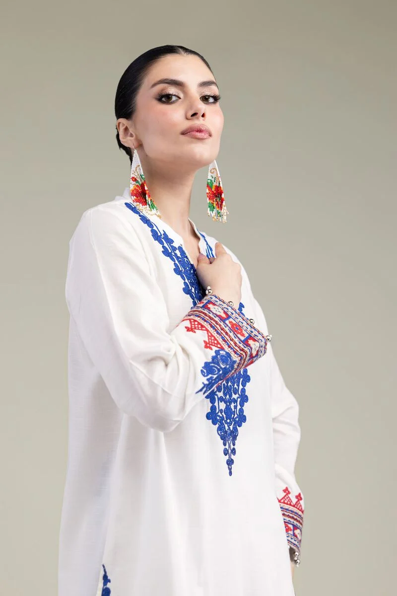 Embroidered | Raw Silk White V-Neck 3pcs