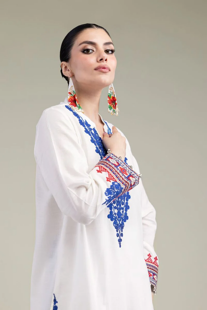 Embroidered | Raw Silk White V-Neck 3pcs