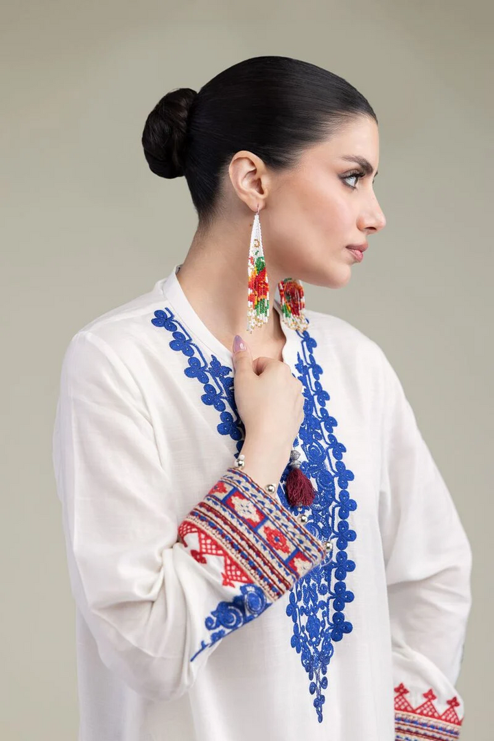 Embroidered | Raw Silk White V-Neck 3pcs