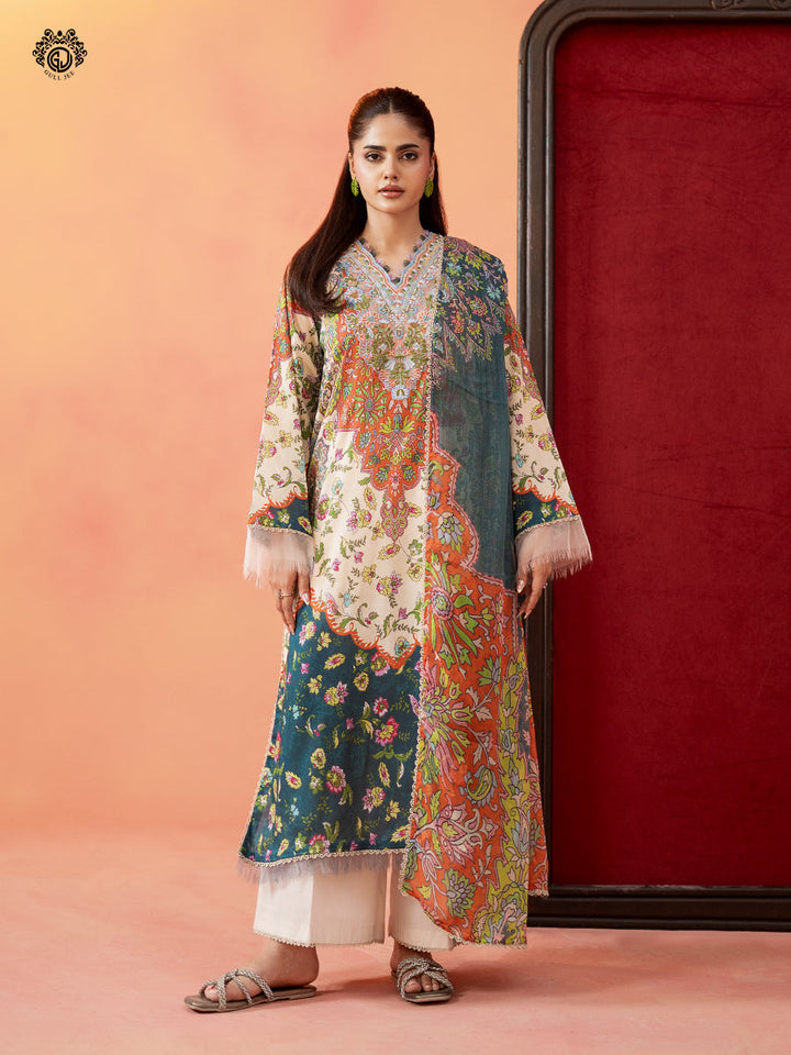 3-Piece Unstitched Embroidered Dress