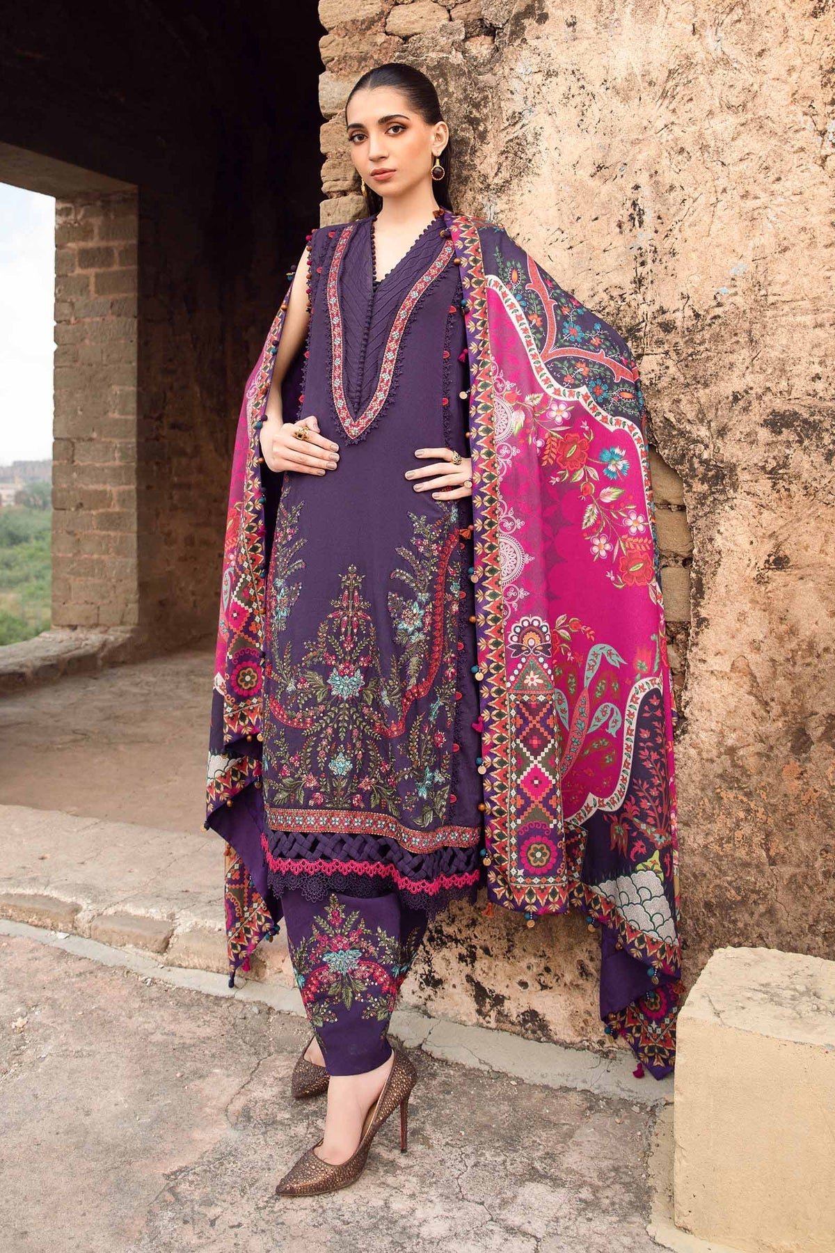 Maria.B M Print 3 Piece Unstitched Printed Linen Suit | MPT-2402-A