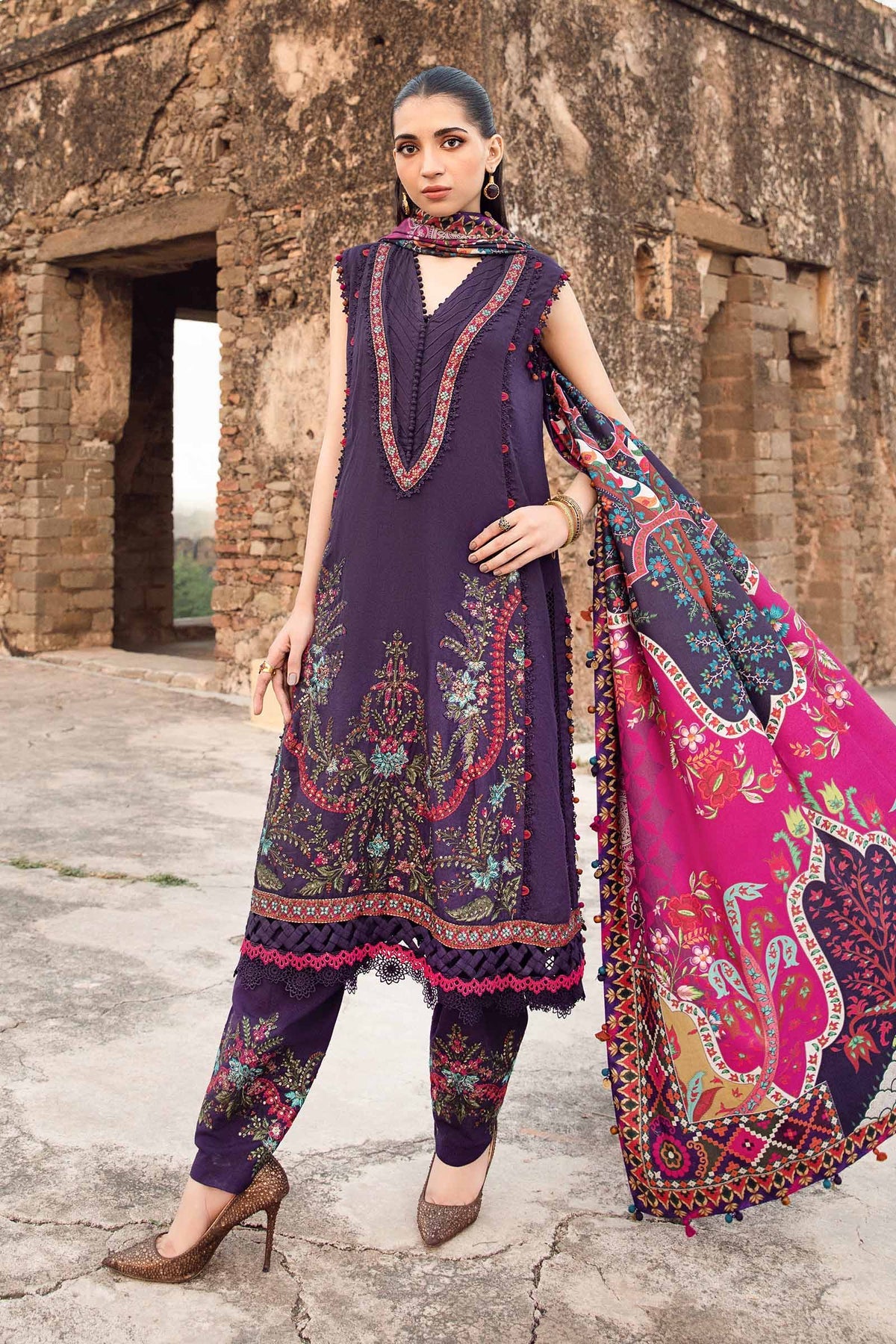 Maria.B M Print 3 Piece Unstitched Printed Linen Suit | MPT-2402-A