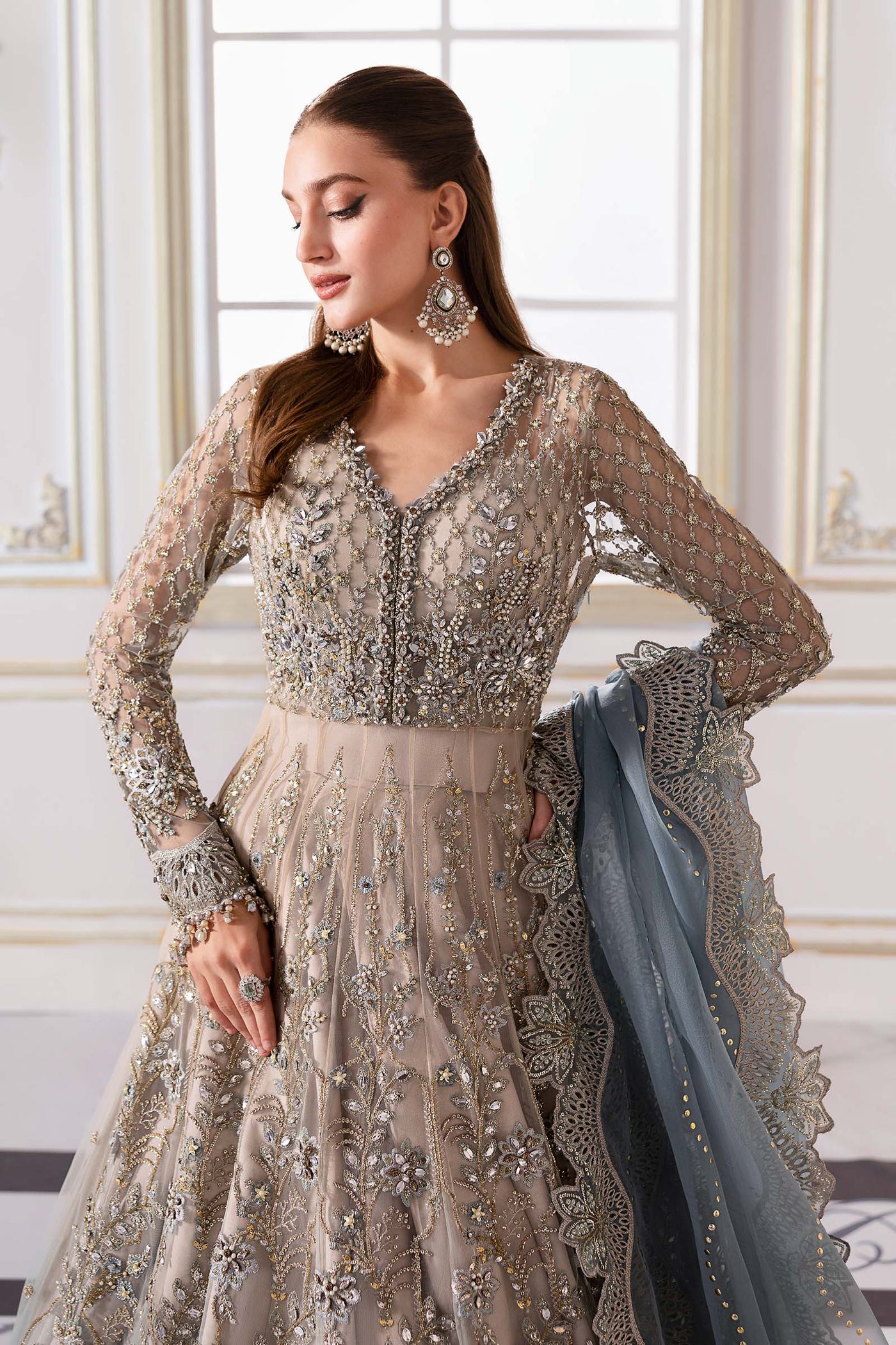 3 Piece Unstitched Embroidered Net Suit