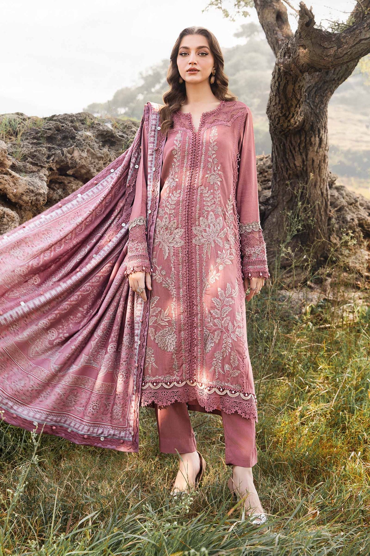 Maria.B M Print 3 Piece Unstitched Printed Linen Suit | MPT-2404-A