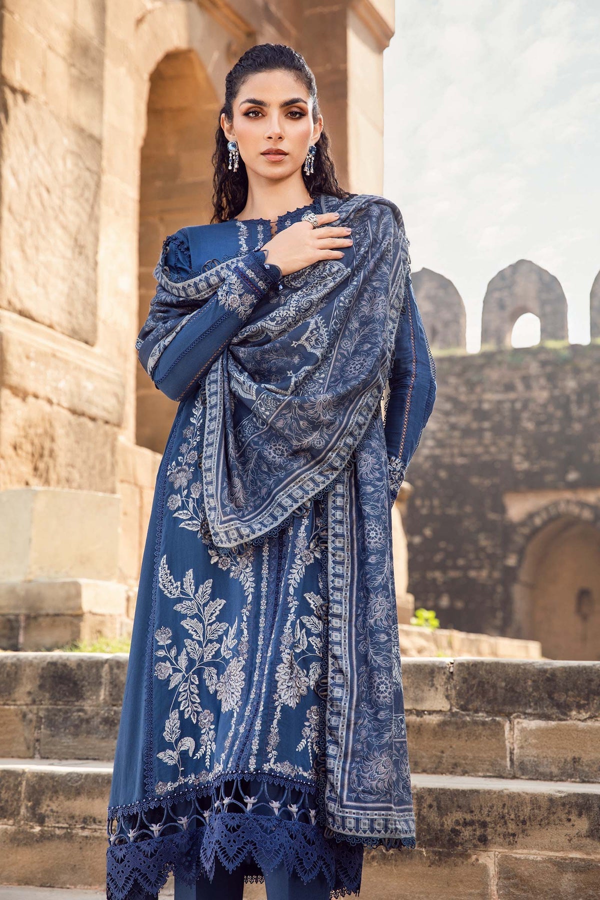 Maria.B M Print 3 Piece Unstitched Printed Linen Suit | MPT-2404-B