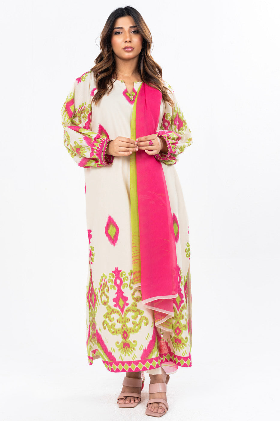3 Pc Dyed Embroidered Light Cambric Shirt With Printed Chiffon Dupatta