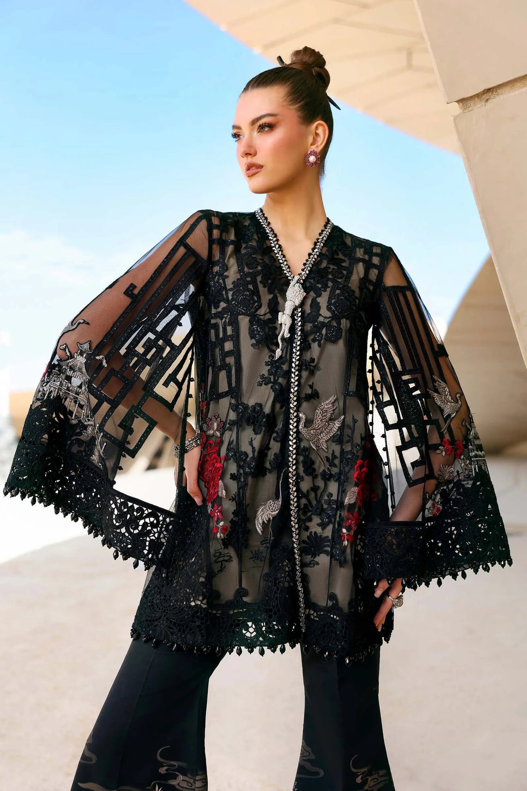3 Piece Unstitched Embroidered Net Suit