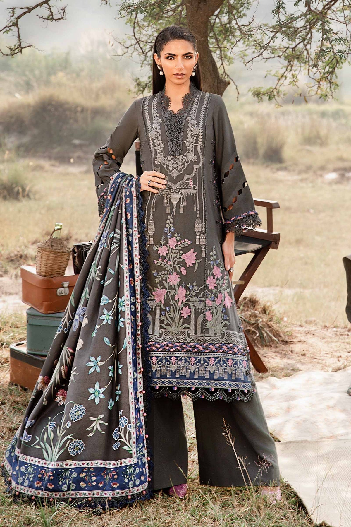 Maria.B M Print 3 Piece Unstitched Printed Linen Suit | MPT-2401-A