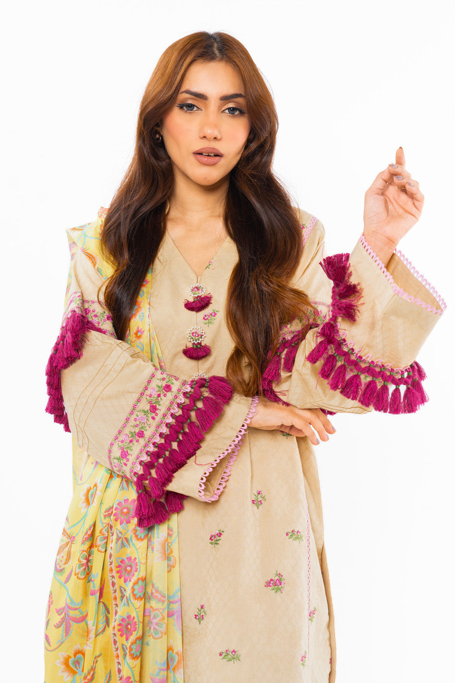 3 Pc Embroidered Dyed Doby Suit With Silk Dupatta