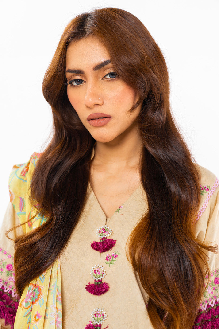3 Pc Embroidered Dyed Doby Suit With Silk Dupatta