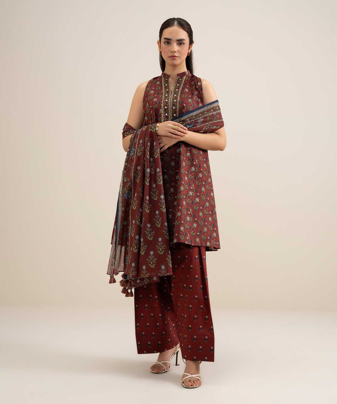 3 PIECE - PRINTED LAWN SUIT - RED