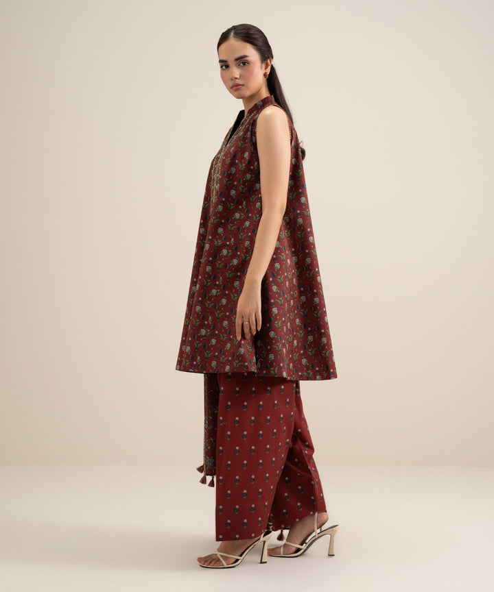 3 PIECE - PRINTED LAWN SUIT - RED