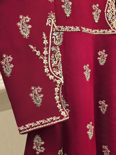 3 Piece - Pure Chiffon Embroidered Frock