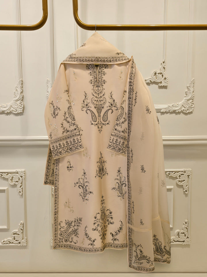 3 Piece- Pure Sheesha Silk Embroidered Suit