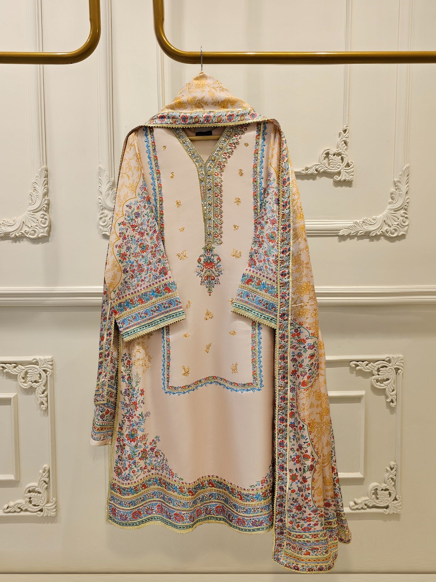 3 Piece- 100% Pure Raw Silk Embroidered Suit
