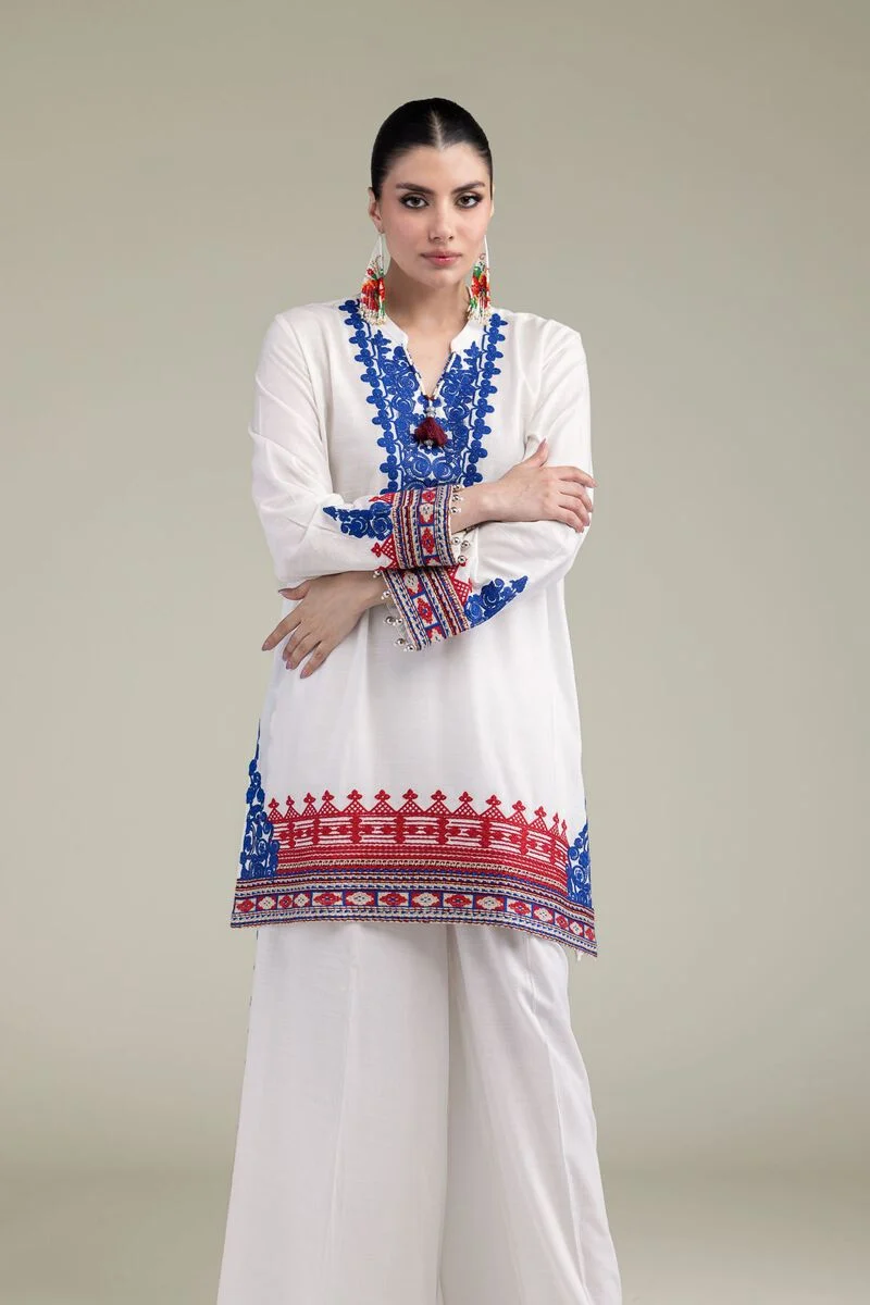 Embroidered | Raw Silk White V-Neck 3pcs