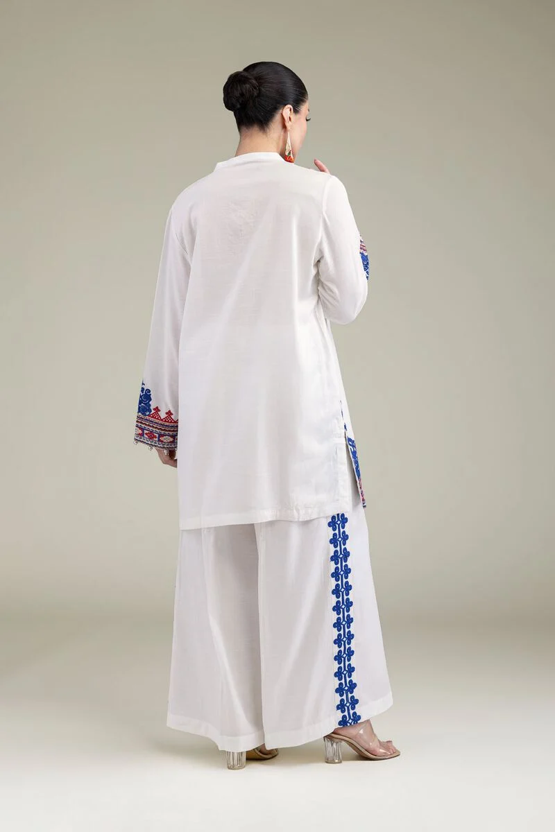 Embroidered | Raw Silk White V-Neck 3pcs