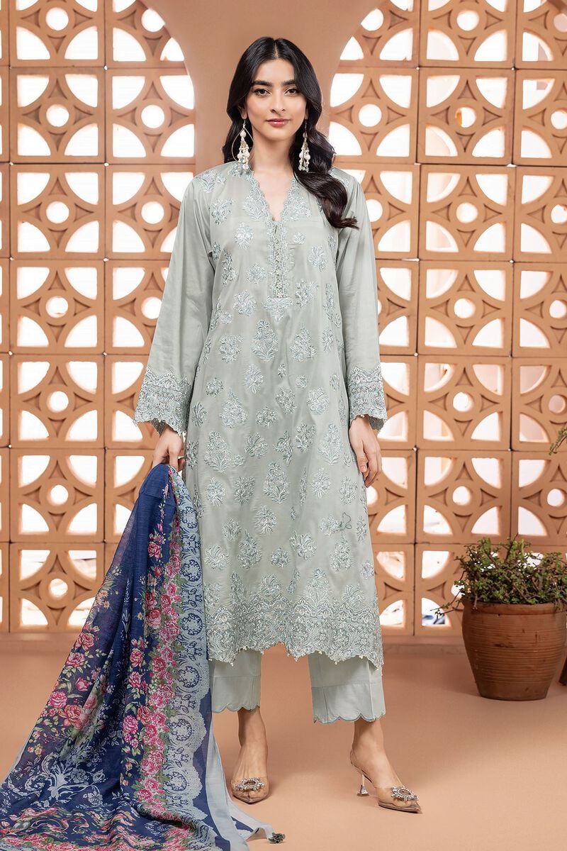 KHAADI ||  Embroidered Cambric Fabrics 3 Piece