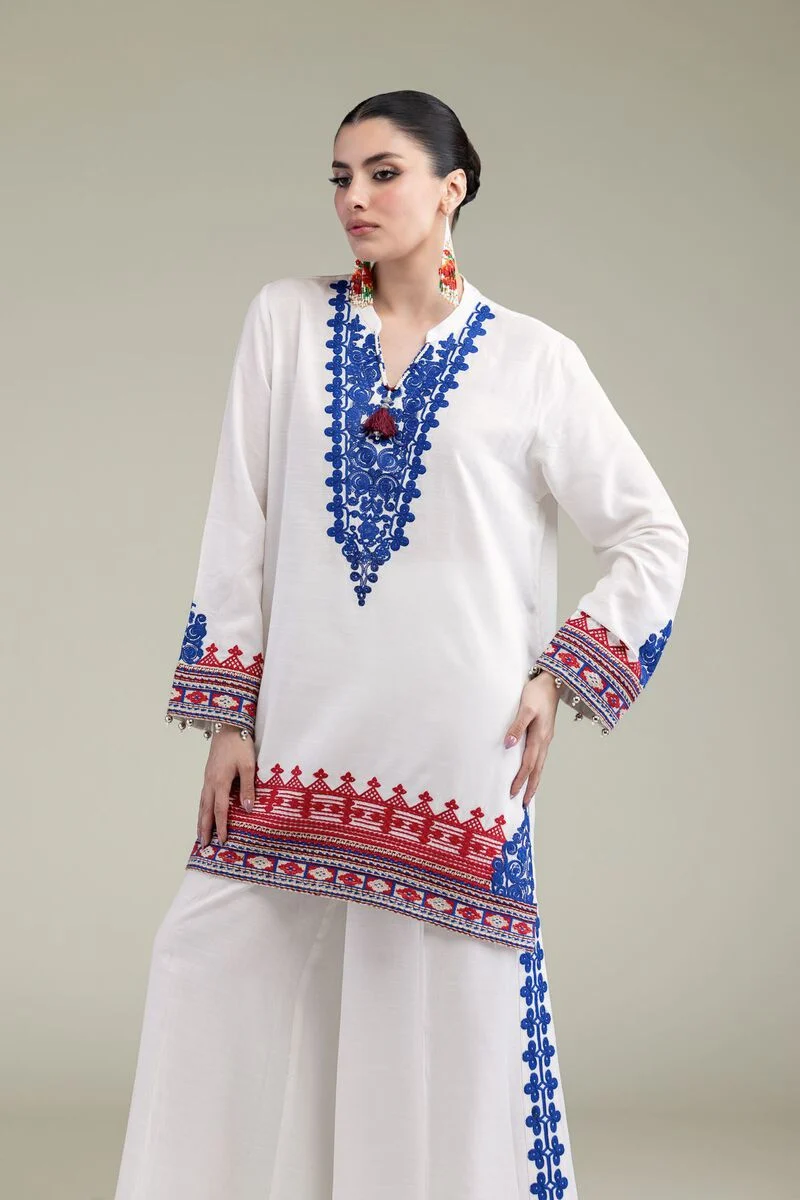 Embroidered | Raw Silk White V-Neck 3pcs