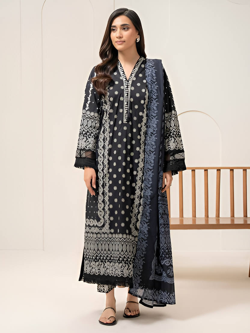3 Piece Cambric Suit-Paste-Print (Pret)