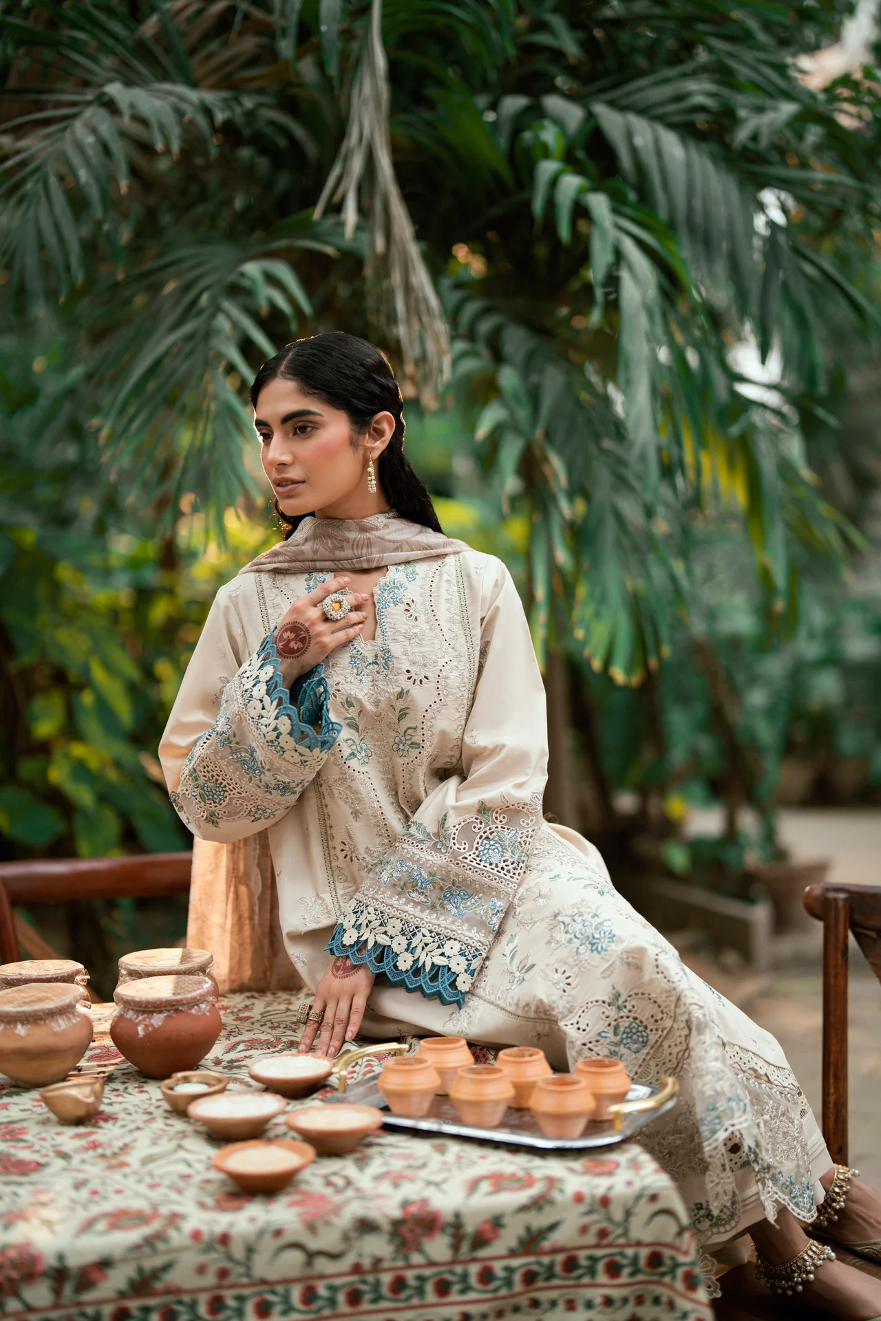 Embroidered Cotton Net 3-Piece Suit