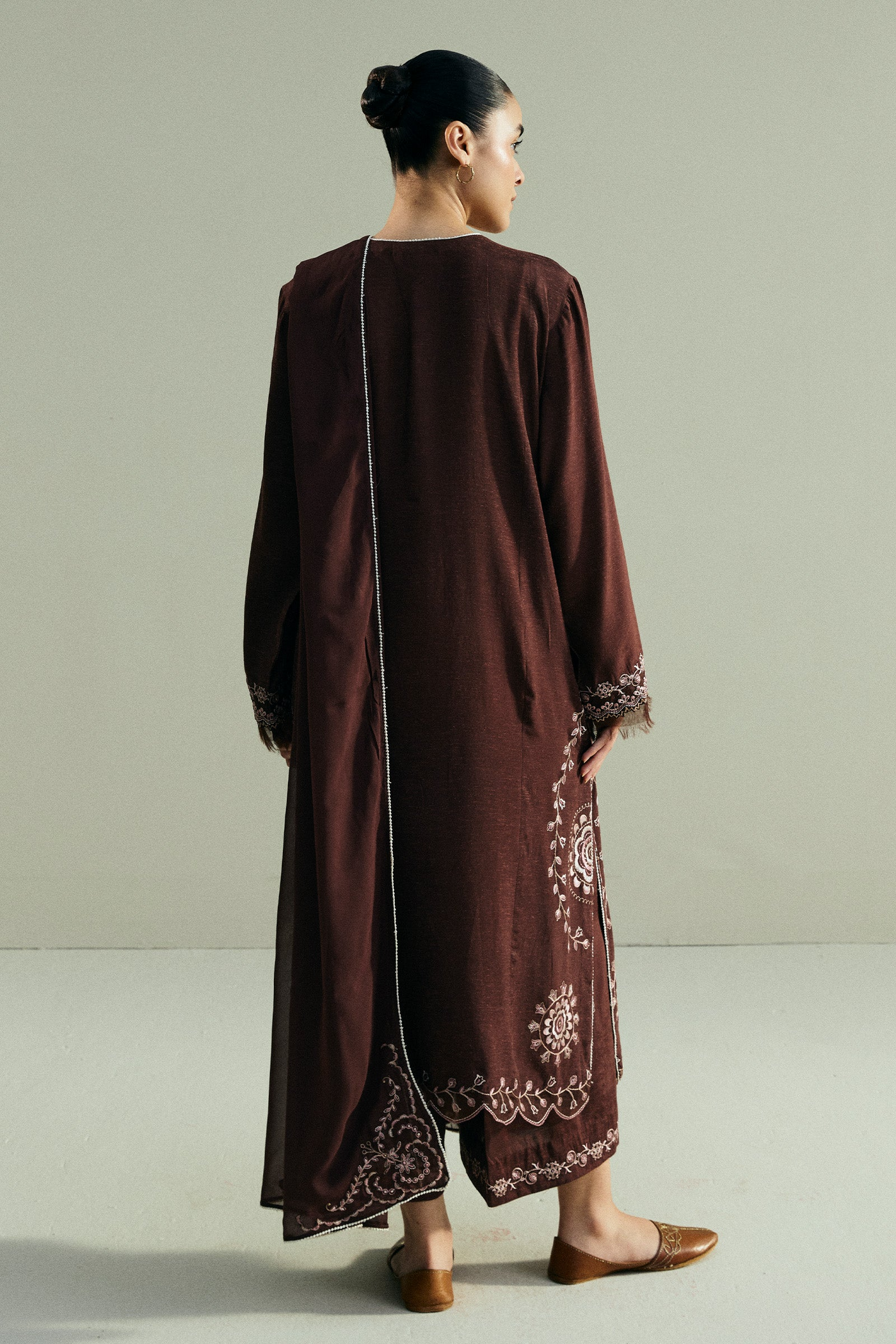 Brown Embroidered Silk Karandi Suit