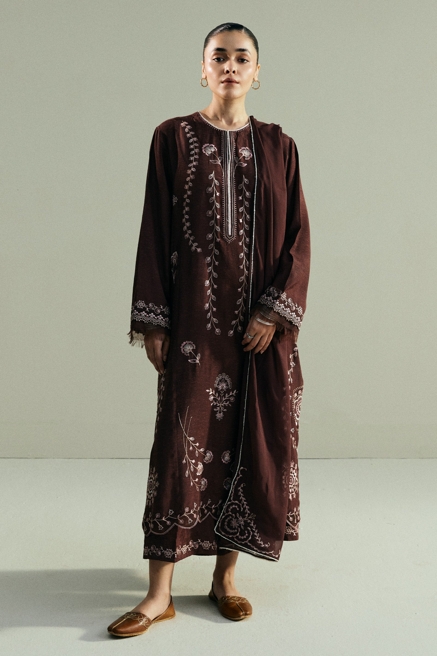 Brown Embroidered Silk Karandi Suit