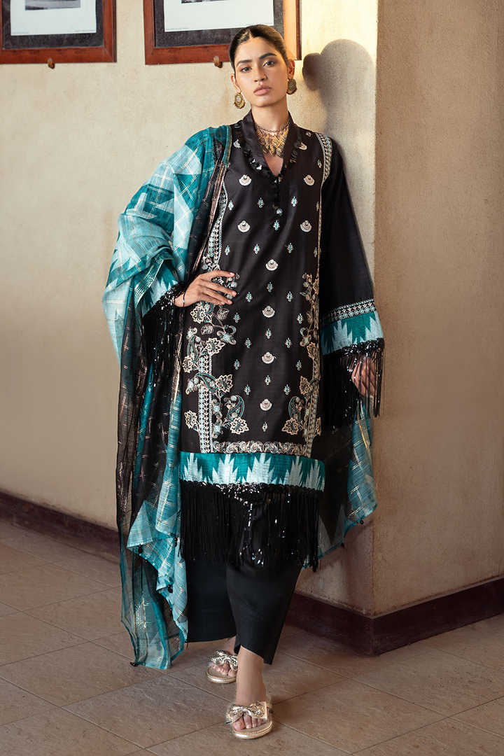 3 Piece Embroidered Dobby Suit with Borders and Zari Dupatta