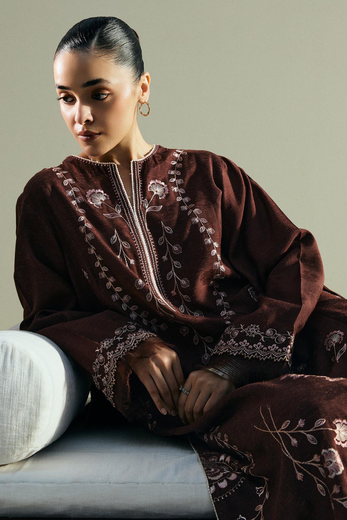 Brown Embroidered Silk Karandi Suit