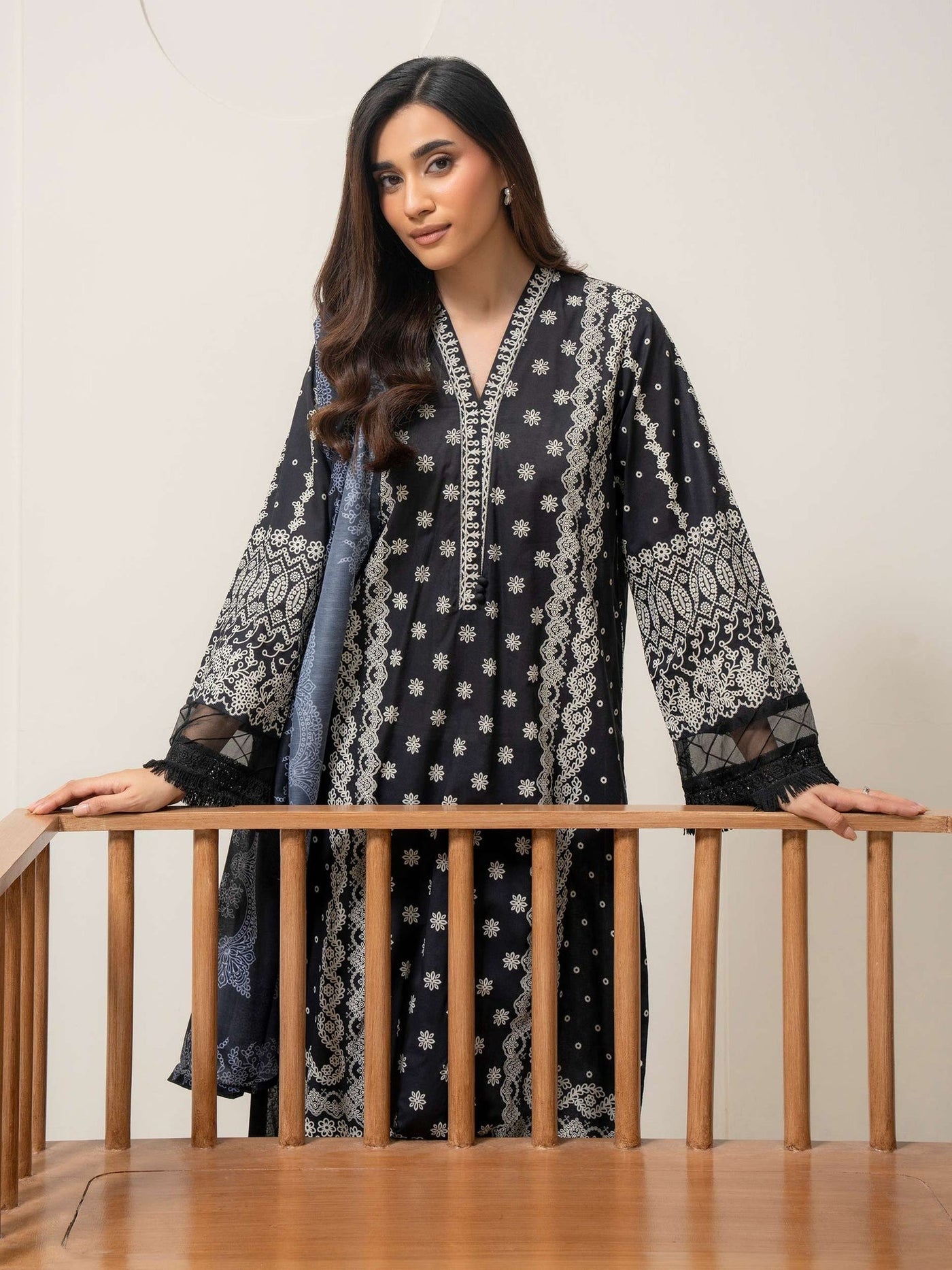 3 Piece Cambric Suit-Paste-Print (Pret)