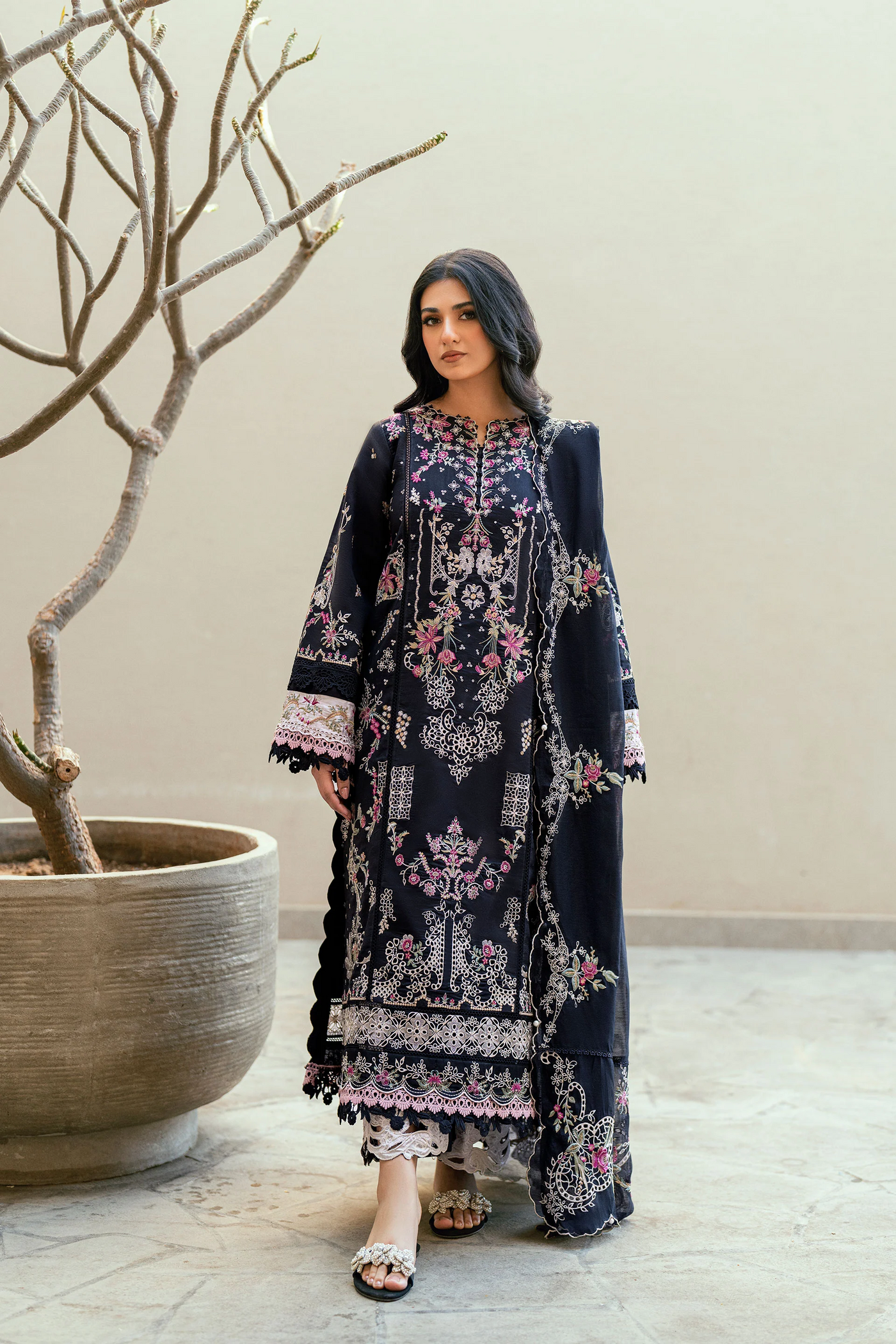 Embroidered Cotton Net 3-Piece Suit
