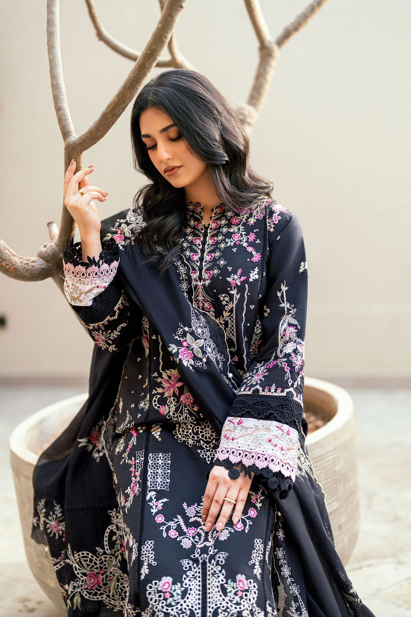 Embroidered Cotton Net 3-Piece Suit