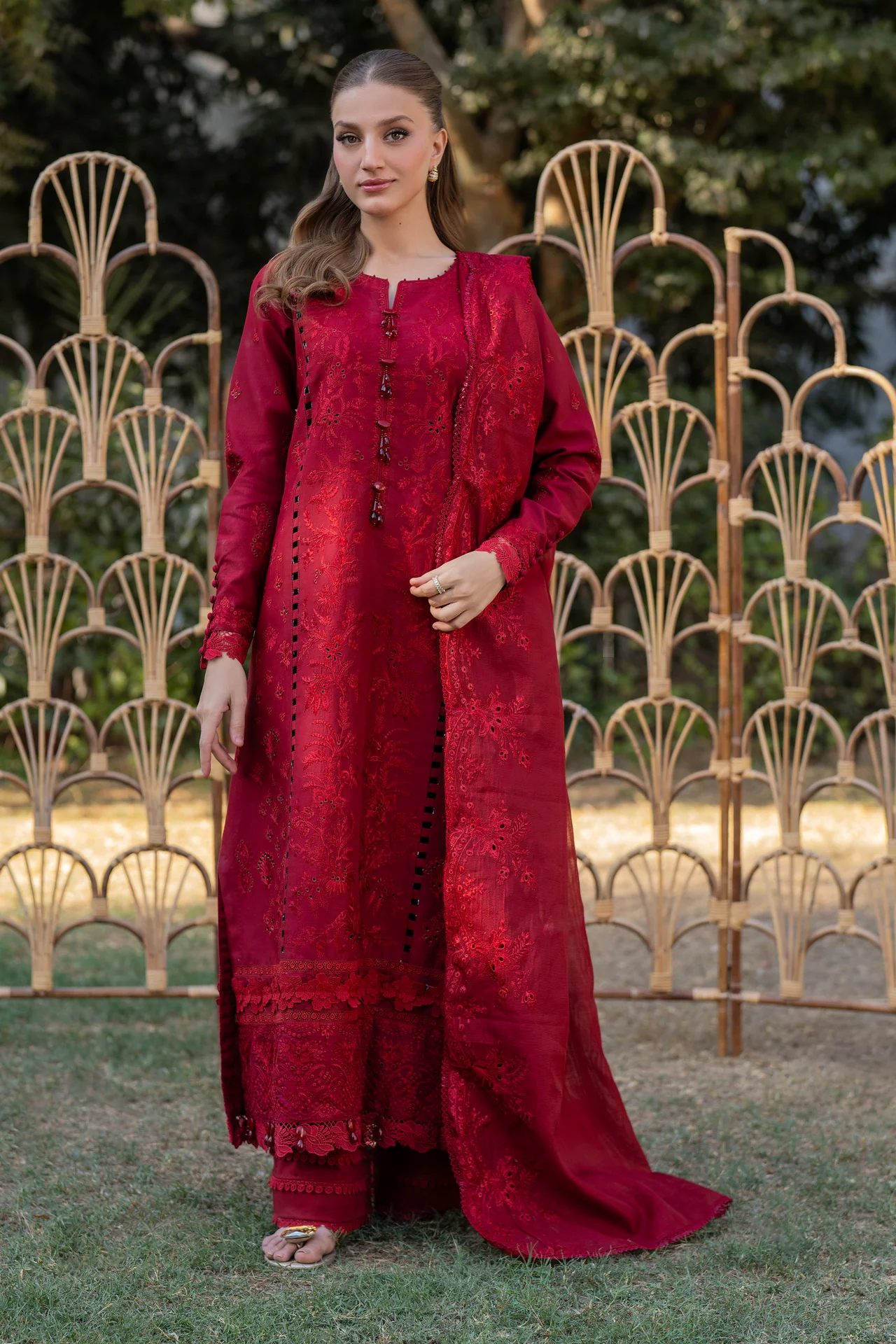 Embroidered Cotton Net 3-Piece Suit