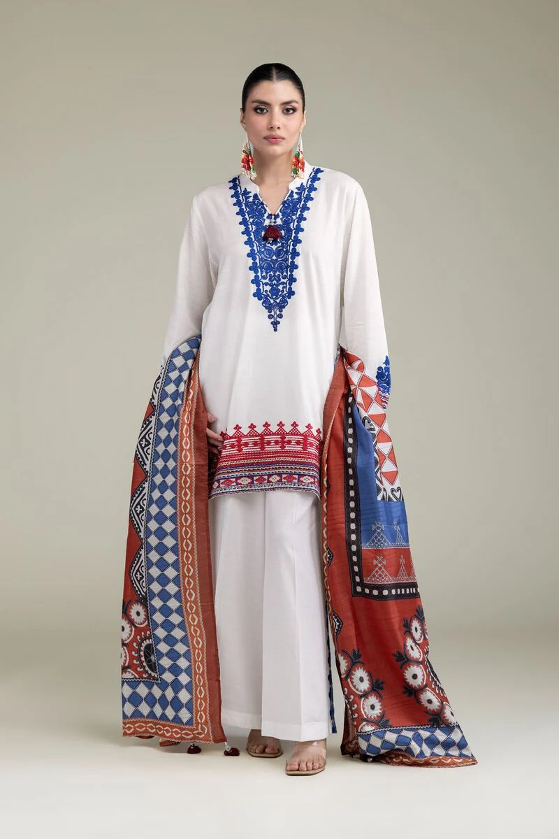 Embroidered | Raw Silk White V-Neck 3pcs