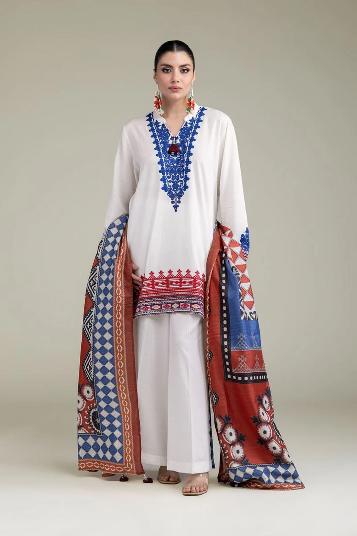 Embroidered | Raw Silk White V-Neck 3pcs