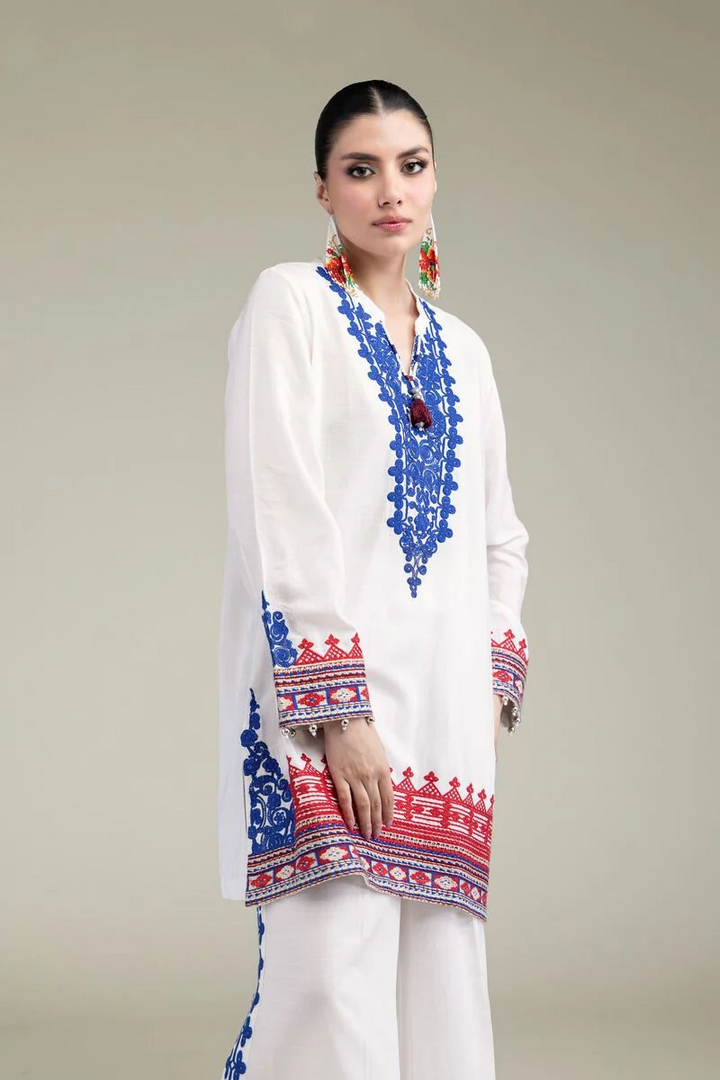 Embroidered | Raw Silk White V-Neck 3pcs
