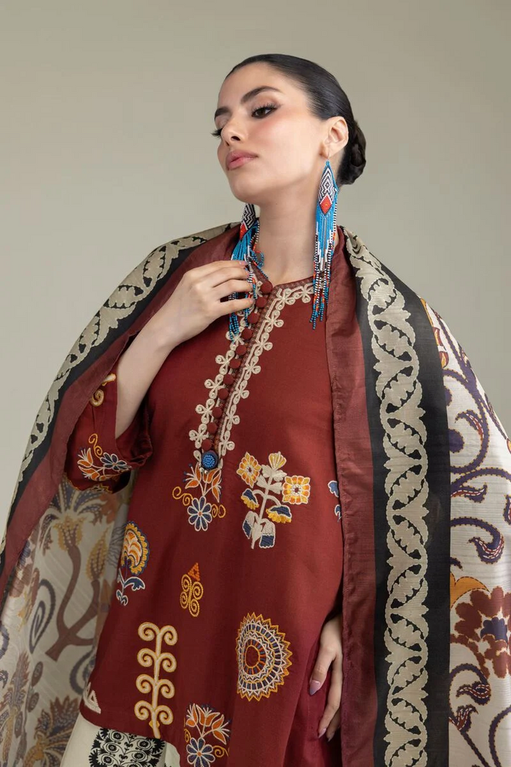 Embroidered | Raw Silk Rust Silk 3 Pc