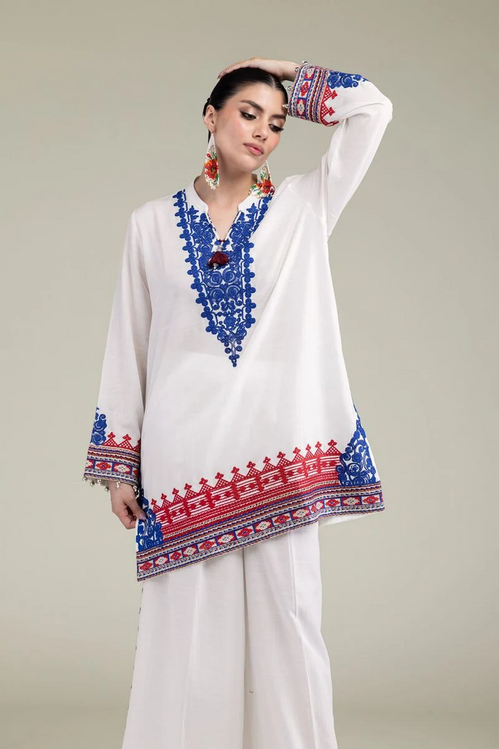 Embroidered | Raw Silk White V-Neck 3pcs